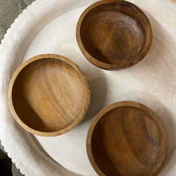 Vintage Raw Teak Wood Trio Of Decorative Wooden Bowls - Picture 9 of 17